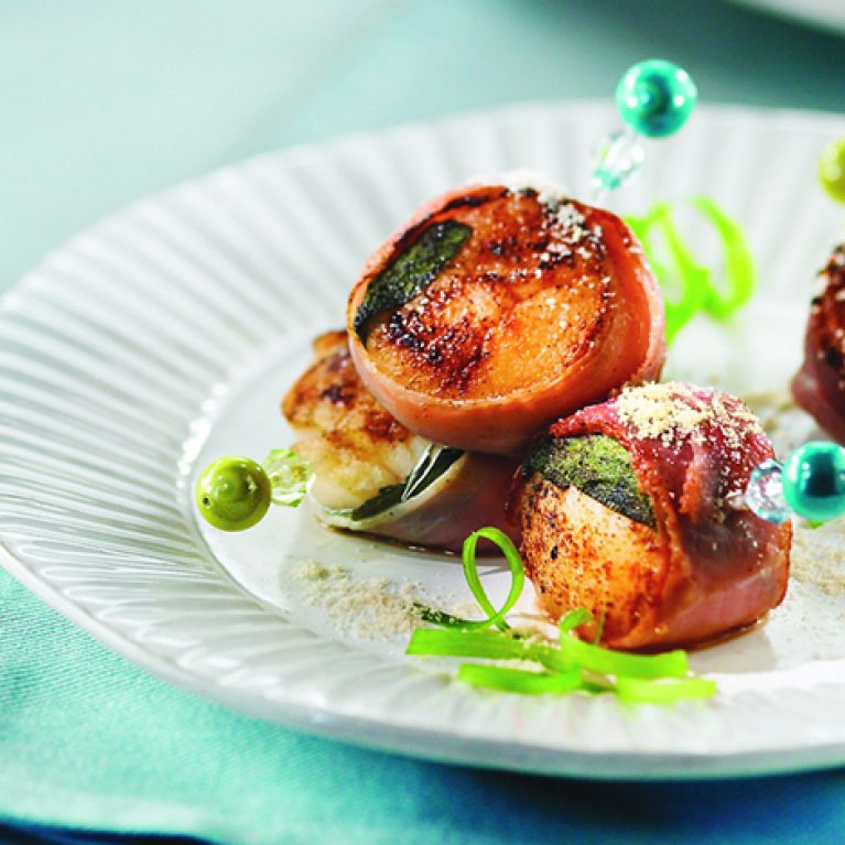 Maple-Kissed Scallops with Bayonne Ham